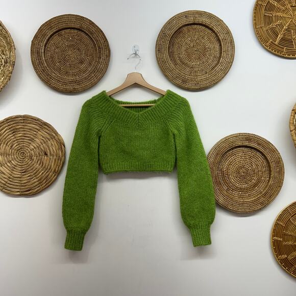 & Other Stories Green Off Shoulder Cropped Wool Knit Jumper Sweater XS Alpaca - Picture 2 of 7